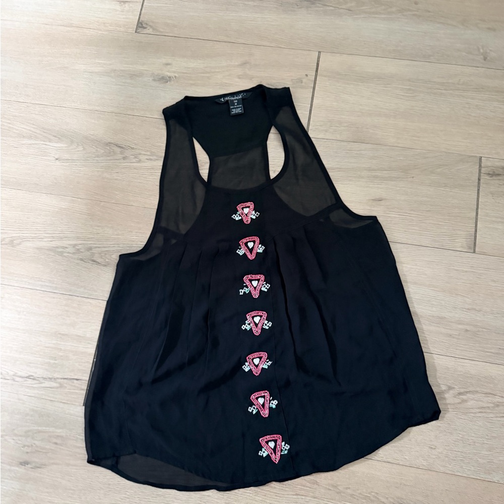 Black Sleeveless Tank with Pink Embroidered Detail - Picture 2 of 4